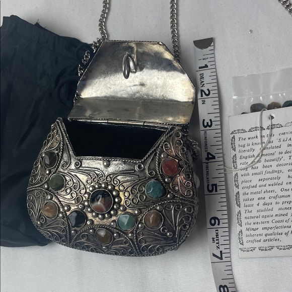 Vintage Metal Purse Sajai With Natural Agate Stones Long Chain mini bag - Picture 3 of 16